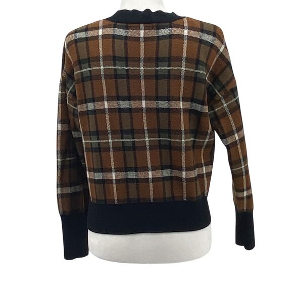 Marled Medium Plaid Button Cardigan Brown Black V-Neck Long Sleeve Soft Stretch - Picture 3 of 13
